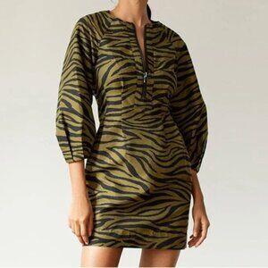 VERONICA BEARD Navi Olive Tiger Stripe Puff-Sleeve Dress Size 4
